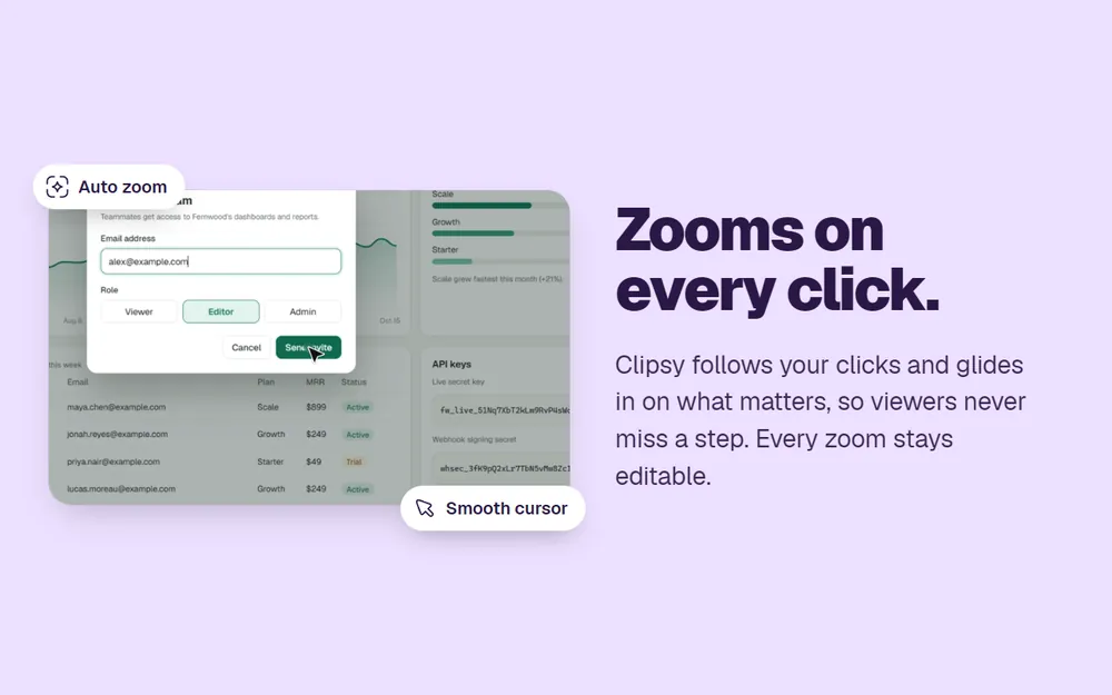 Auto zoom follows every click, and the cursor is smoothed.