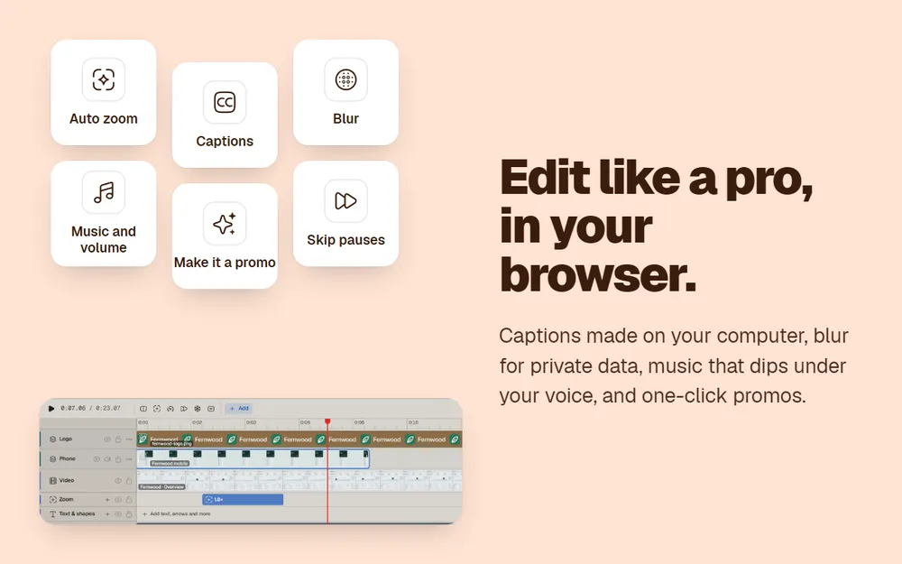 Edit in the browser: captions, blur, music, skipped pauses and one-click promos.