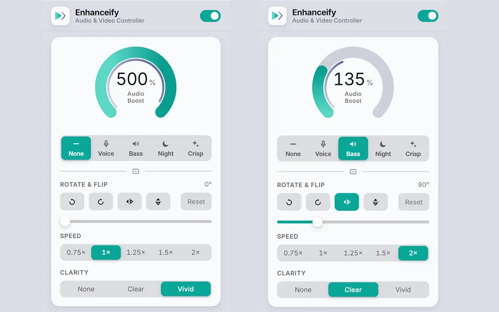 Up to 500% audio boost, side by side with the default settings.
