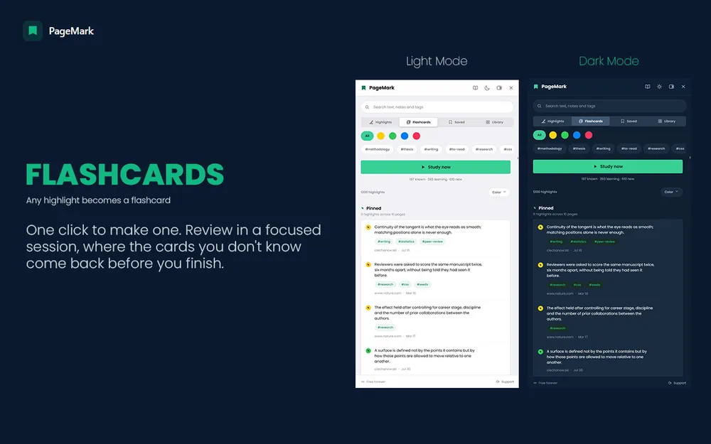 Flashcards: any highlight becomes one, in one click.