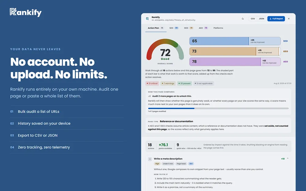 An action plan, ordered by impact. No account, no upload, no limits.