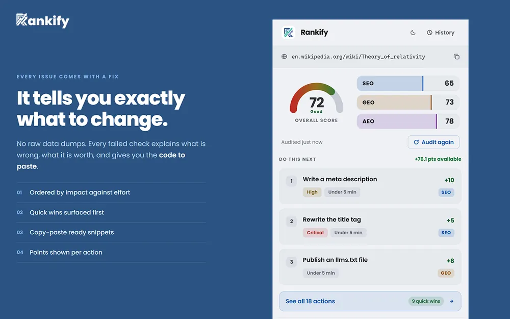 Rankify, auditing a page.