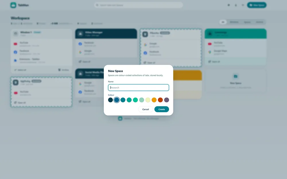 New Space: a colour-coded collection of tabs, stored locally.
